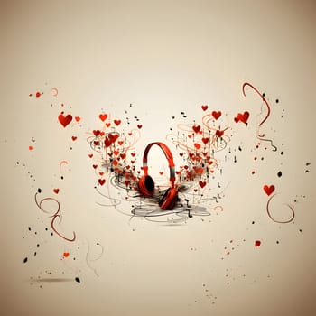 Red headphones, notes and hearts bright background. Heart as a symbol of affection and love. The time of falling in love and love.