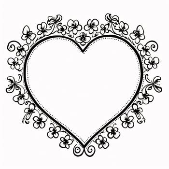 White blank heart with space for your own content, decorated with flowers black and white. Heart as a symbol of affection and love. The time of falling in love and love.