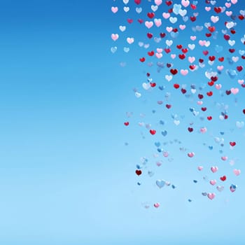 Colorful hearts falling on a blue background.Valentine's Day banner with space for your own content. White background color. Blank field for the inscription. Heart as a symbol of affection and love.