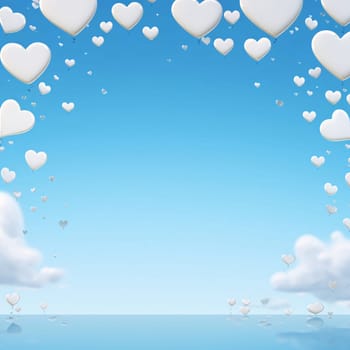 Pink hearts on the background of the sky. Blue background.Valentine's Day banner with space for your own content. White background color. Blank field for the inscription. Heart as a symbol of affection and love.