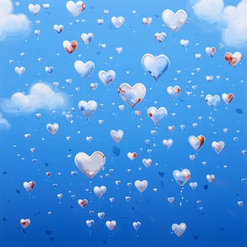 Colorful blue hearts as balloons soar against the sky.Valentine's Day banner with space for your own content. White background color. Blank field for the inscription. Heart as a symbol of affection and love.