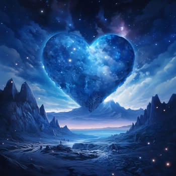 Blue mountainous land in the middle of a large heart with stars. Heart as a symbol of affection and love. The time of falling in love and love.