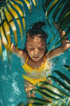 A child girl swims in the pool on vacation. Selective focus. kid.