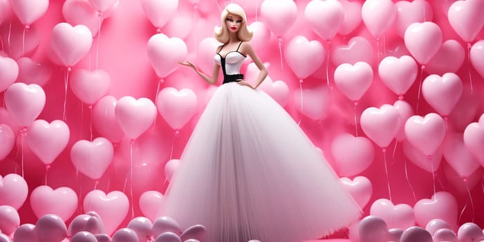 Illustration of Barbie in a pink dress around balloons in the shape of pink hearts. Heart as a symbol of affection and love. The time of falling in love and love.