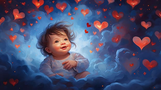 A tiny baby in the middle of the clouds with red hearts all around. Heart as a symbol of affection and love. The time of falling in love and love.