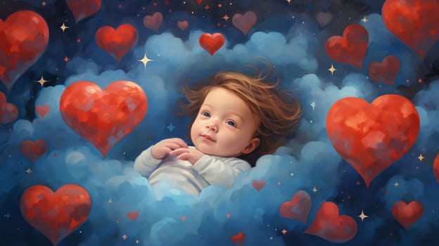 A tiny baby in the middle of the clouds with red hearts all around. Heart as a symbol of affection and love. The time of falling in love and love.