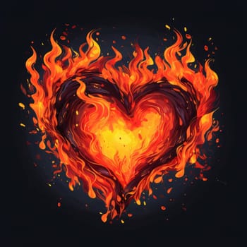 Heart illustration painted with watercolor paints fiery flames around the heart dark background. Heart as a symbol of affection and love. The time of falling in love and love.
