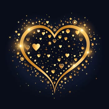 Gold heart decorated with gold small hearts, stars, dark background. Heart as a symbol of affection and love. The time of falling in love and love.