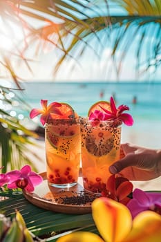 Beautiful exotic cocktails on the beach. Selective focus. drinks.