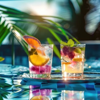 Beautiful exotic cocktails on the beach. Selective focus. drinks.