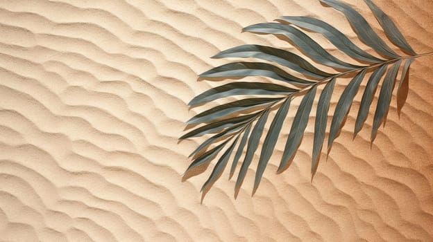 Plam leaf on the tropical beach sand. Vacation and relaxation concept with dry palm leaf on the hot summer beach. Generated AI