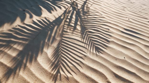 Plam leaves on the tropical beach sand background. Vacation and relaxation concept with dry palm leaves on the hot summer beach. Generated AI