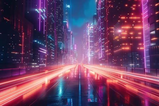 An image of a night city in a neon glow with skyscrapers and a road.
