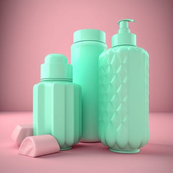 Cosmetics bottles mockup. Empty green bottles on the pink background. Generative AI