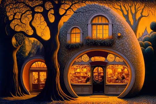 Fantasy tavern or cafe from fairy tales. Hobbit styled caffeteria on the street or in forest. Generative AI