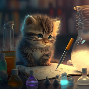 Cure white kitten doing science homework. Small cat watching the experiment in transparent flask in the lab. Generative AI