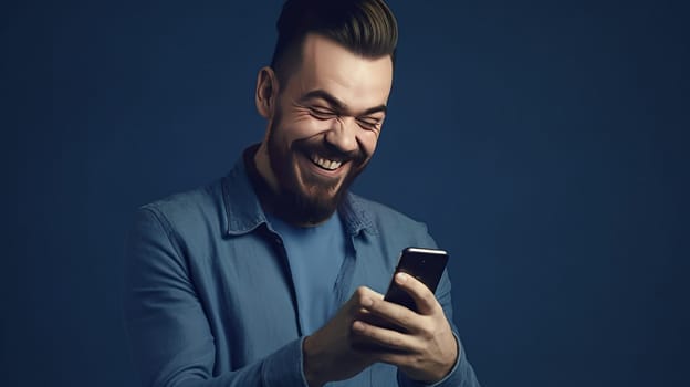 A happy stylish man with a beard watches a smartphone in his hands, in blue shirt, standing isolated on a dark blue background. Close up. Copy space