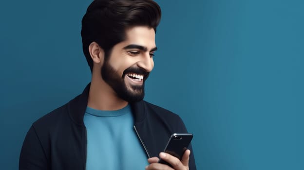 A happy man-a brunette with a beard, standing isolated on a dark blue background, holding a smartphone in his hands. close up. Copy space