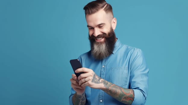 A happy stylish man with a beard watches a smartphone in his hands, in blue shirt, standing isolated on a light blue background. Close up. Copy space