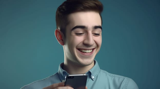 Happy guy holding a smartphone in his hands, standing isolated on a blue-green background. Close up