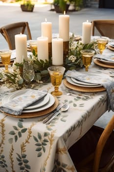 Botanical holiday tablescape, outdoor English country table setting, table scape with elegant tableware and dinnerware for wedding party and event, post-processed, generative ai