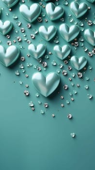 Green celadon hearts and scattered diamonds.Valentine's Day banner with space for your own content. Heart as a symbol of affection and love.