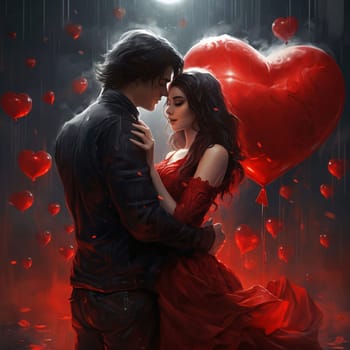 Boy, hugging girls in long red dress around red heart shaped balloons.Valentine's Day banner with space for your own content. Heart as a symbol of affection and love.