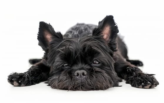 This black Affenpinscher's relaxed posture against a stark white backdrop highlights its luxurious coat and soulful eyes. Its thoughtful expression suggests a serene composure unique to the breed