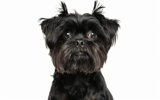 The Affenpinscher's striking gaze is the focal point in this image, set against a pure white background. Its black coat contrasts sharply, adding to the intensity of the moment