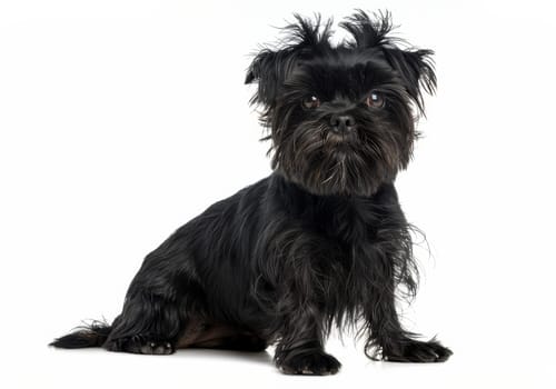 A black Affenpinscher sits proudly, showcasing its compact body and perky ears. The dog's attentive expression and lustrous coat exude confidence and breed pride