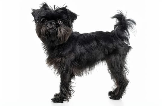 This image captures a playful Affenpinscher standing, its coat flowing and tail whimsically curled. The dog's lively spirit and compact stature are prominently displayed