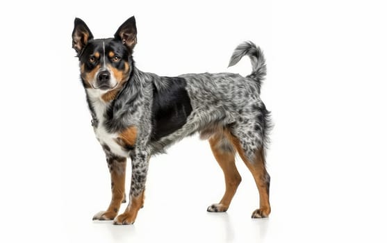 The profile of an Australian Cattle Dog standing, showcasing its strong build and mottled fur. Its focused gaze reflects the breed's herding instincts