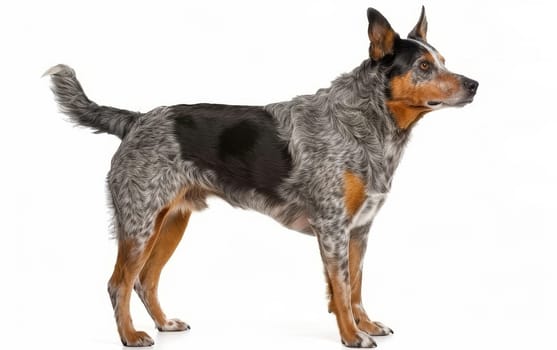 An Australian Cattle Dog stands in profile, ears perked and eyes vigilant. The photo captures the breed's muscular frame and distinctive coat pattern