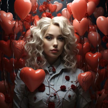 Blonde haired woman with pink red balloons shaped like hearts. Heart as a symbol of affection and love. The time of falling in love and love.