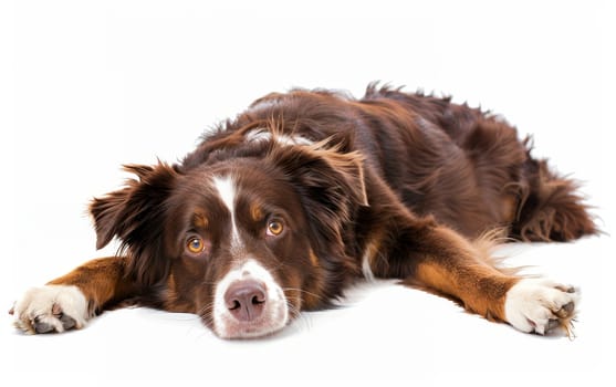 This Australian Shepherd rests on its side, gazing soulfully at the camera. Its expressive eyes and relaxed posture convey a serene disposition