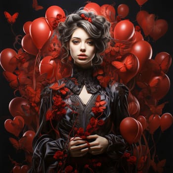 A young woman surrounded by red balloons in the shape of hearts. Heart as a symbol of affection and love. The time of falling in love and love.
