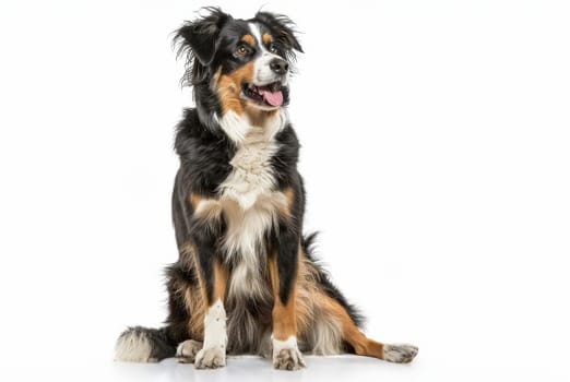 An attentive Australian Shepherd sits up, its tri-colored coat beautifully groomed. The dog's focused expression reflects its responsive and trainable nature