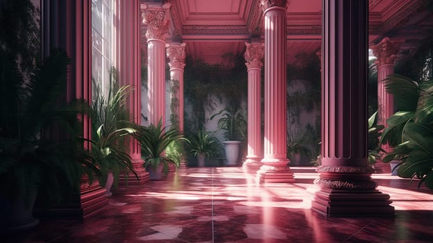 Corridor of pink columns and green plants in vaporwave styled hotel. Generated AI