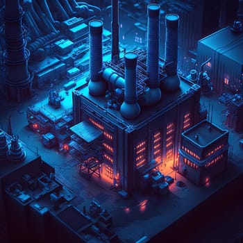 Synthwave styled factory with isometric view. Blue and purple industrial cityscape with neon lights. Generated AI