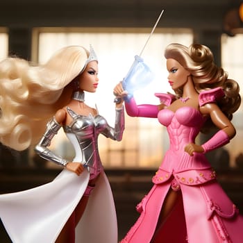 Two Barbie dolls engaged in an epic lightsaber duel, showcasing their bravery and skills. The force is strong with them!