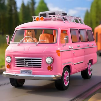 Barbie looks stylish and adventurous in her pink touring car as she drives through the lush green forest, ready for a fun-filled journey.