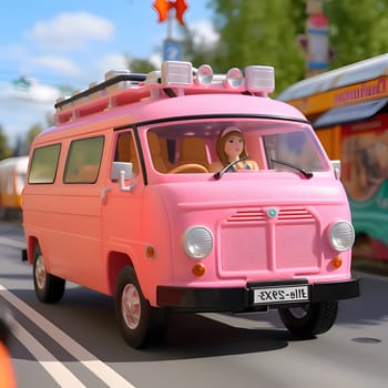 Barbie looks stylish and adventurous in her pink touring car as she drives through the lush green forest, ready for a fun-filled journey.