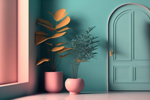 Abstract colorful interior with plants and minimalistic decorations. Vivid colored architectural background. Generated AI