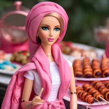 Charming blonde Barbie, dressed in pink, holding sweet treats, against a blurred background. The side view captures her joyful moment with sugary delights.