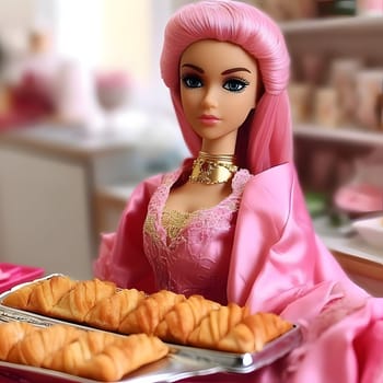 Charming blonde Barbie, dressed in pink, holding sweet treats, against a blurred background. The side view captures her joyful moment with sugary delights.