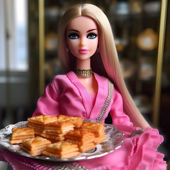 Charming blonde Barbie, dressed in pink, holding sweet treats, against a blurred background. The side view captures her joyful moment with sugary delights.