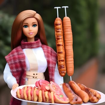 Adorable blonde Barbie, dressed in pink, enjoying hotdogs, against a blurred background. The side view captures her delightful moment with savory treats.