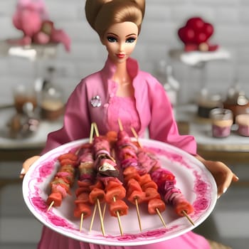 Charming blonde Barbie, dressed in pink, with skewers on a plate, against a blurred background. The side view captures her delightful moment with tasty treats.