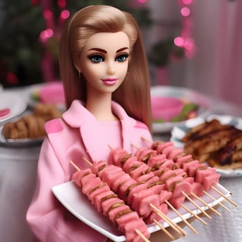 Charming blonde Barbie, dressed in pink, with skewers on a plate, against a blurred background. The side view captures her delightful moment with tasty treats.