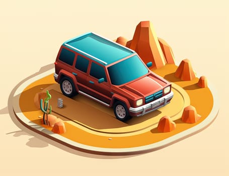 Isometric retro car travelling with elements of environment. Generated AI